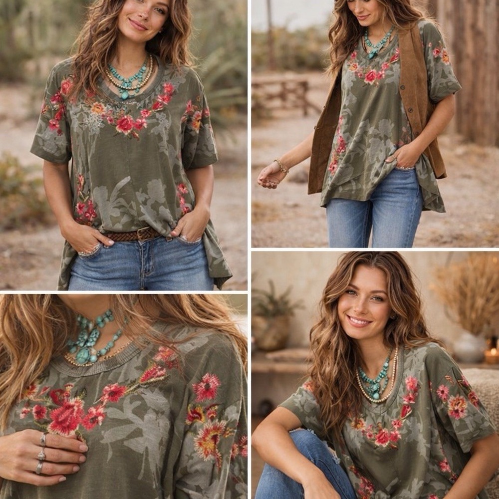 Sundance Embroidered Floral Tunic Top XL Olive Green Boho Cottagecore - Picture 2 of 15